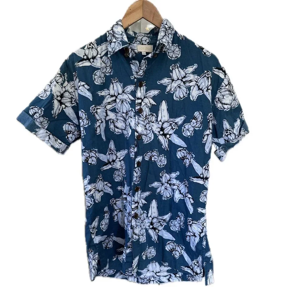 Kahulale'a Men's 100% Cotton Hawaiian Designer Floral Button Down Shirt L